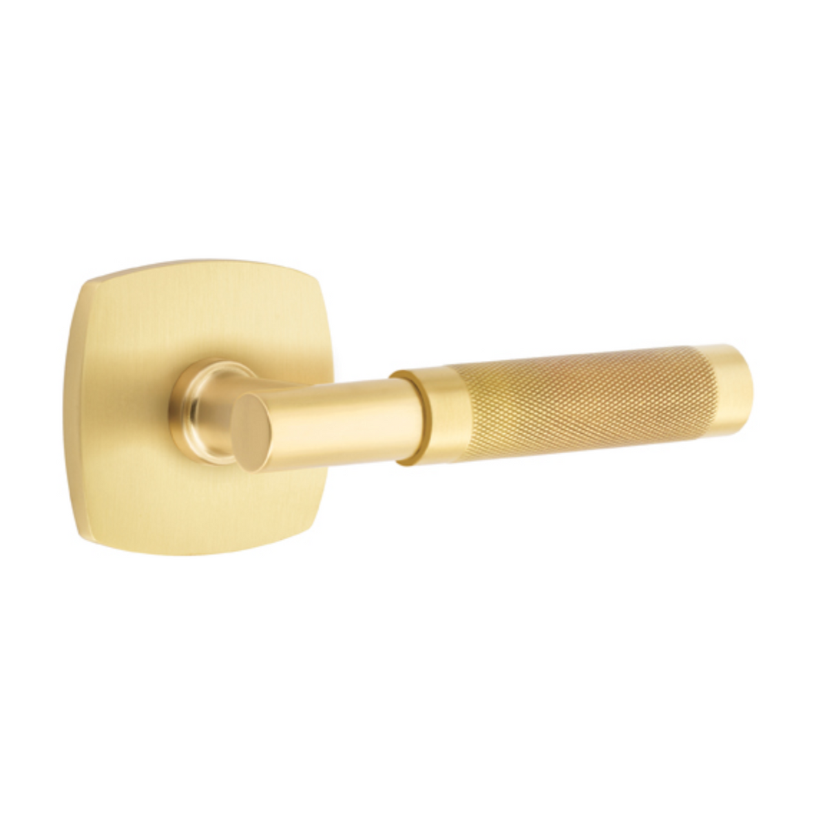 T-Bar Knurled SELECT Satin Brass Door Lever w/ Urban Modern Rosette - Forge Hardware Studio
