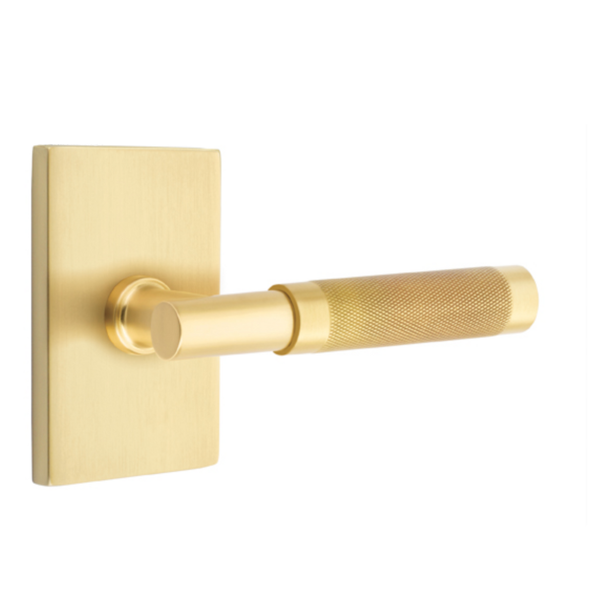 T-Bar Knurled SELECT Satin Brass Door Lever w/ Modern Rectangular Rosette - Forge Hardware Studio