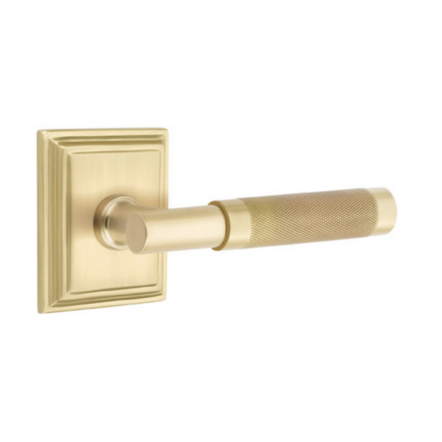 T-Bar Knurled SELECT Satin Brass Door Lever w/ Wilshire Rosette - Forge Hardware Studio