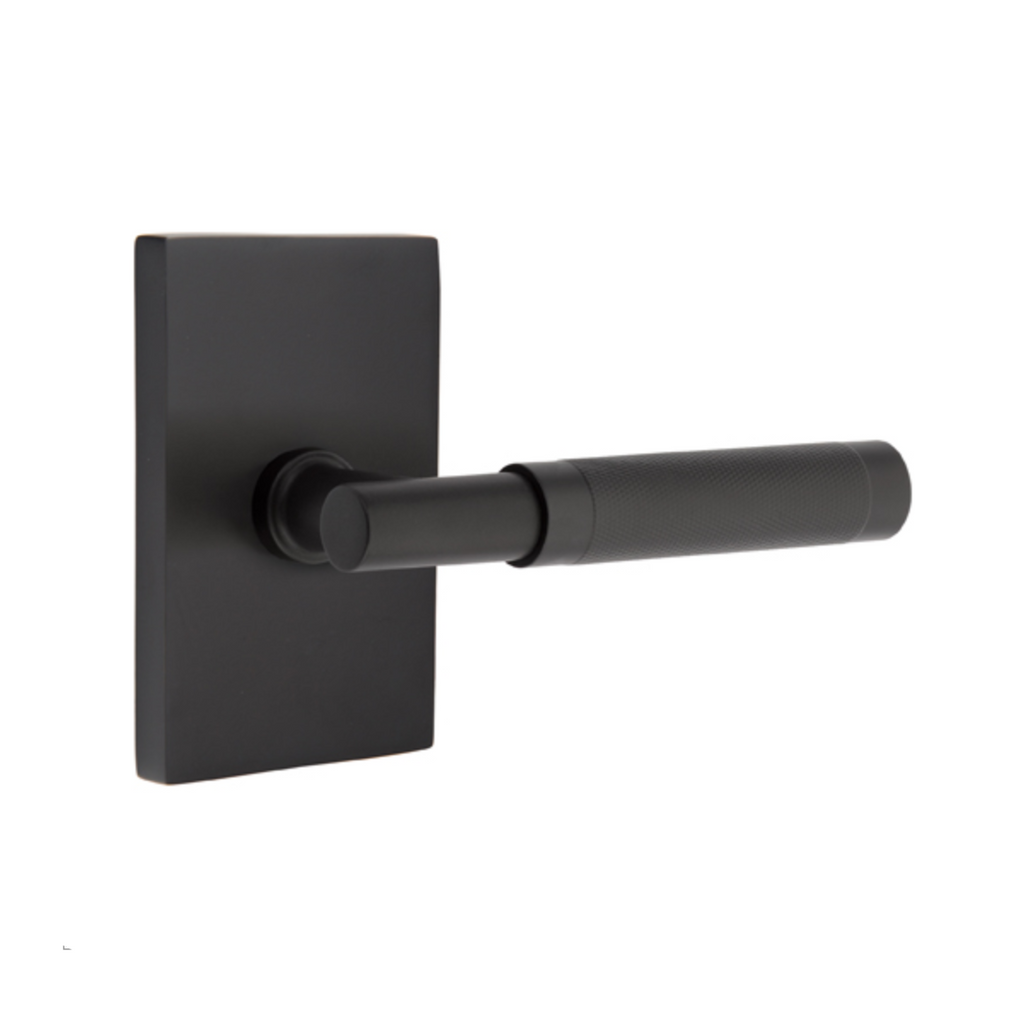 T-Bar Knurled SELECT Matte Black Door Lever w/ Modern Rectangular Rosette - Forge Hardware Studio
