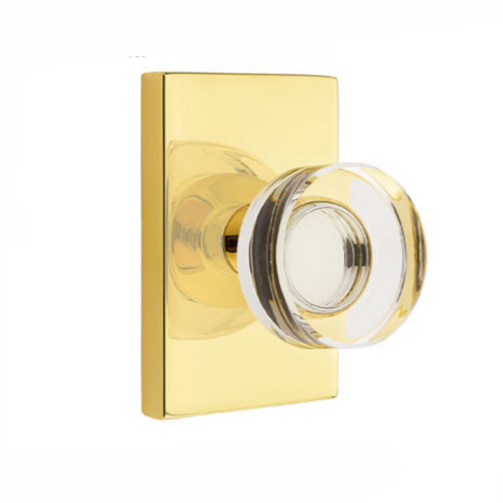 Modern Disc Crystal Knob in Unlacquered Polished Brass Door Knob w/ Modern Rectangular Rosette - Forge Hardware Studio