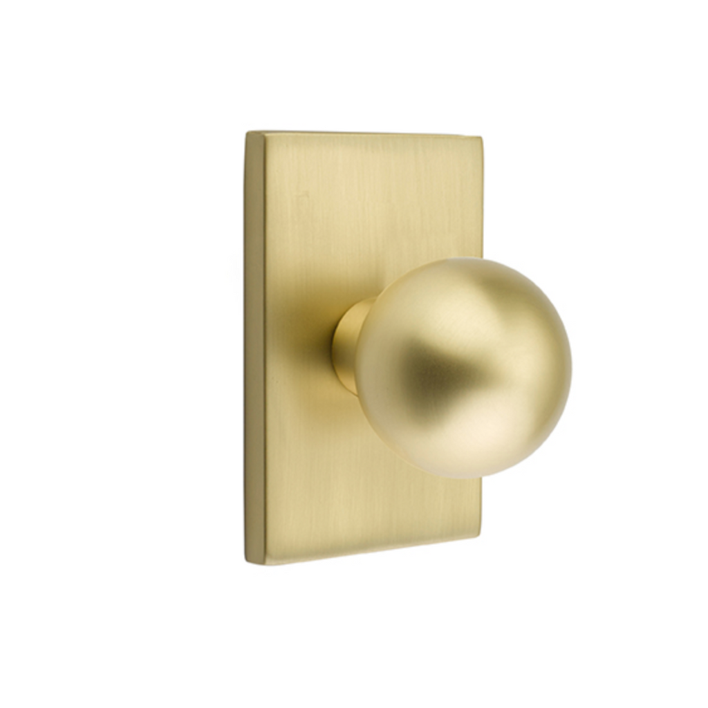 Modern Ball Door Knob in Satin Brass w/ Modern Rectangular Rosette - Forge Hardware Studio