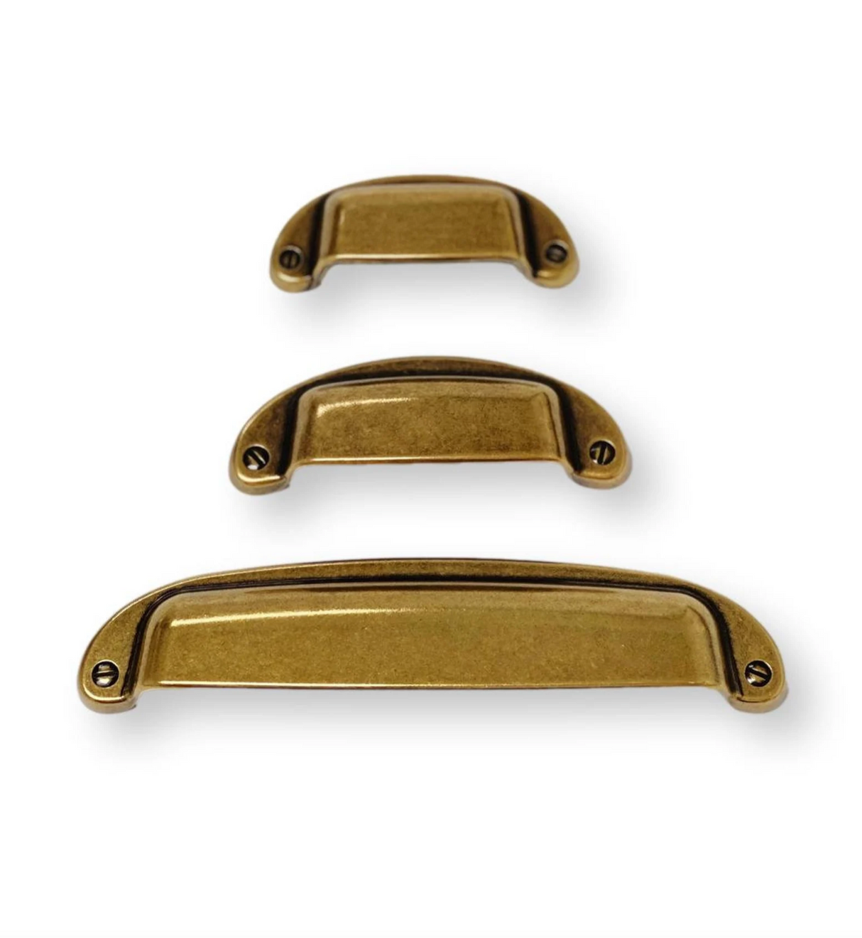 Drawer Cup Pull "Capri" in Antique Brass - Brass Cabinet Hardware - Forge Hardware Studio