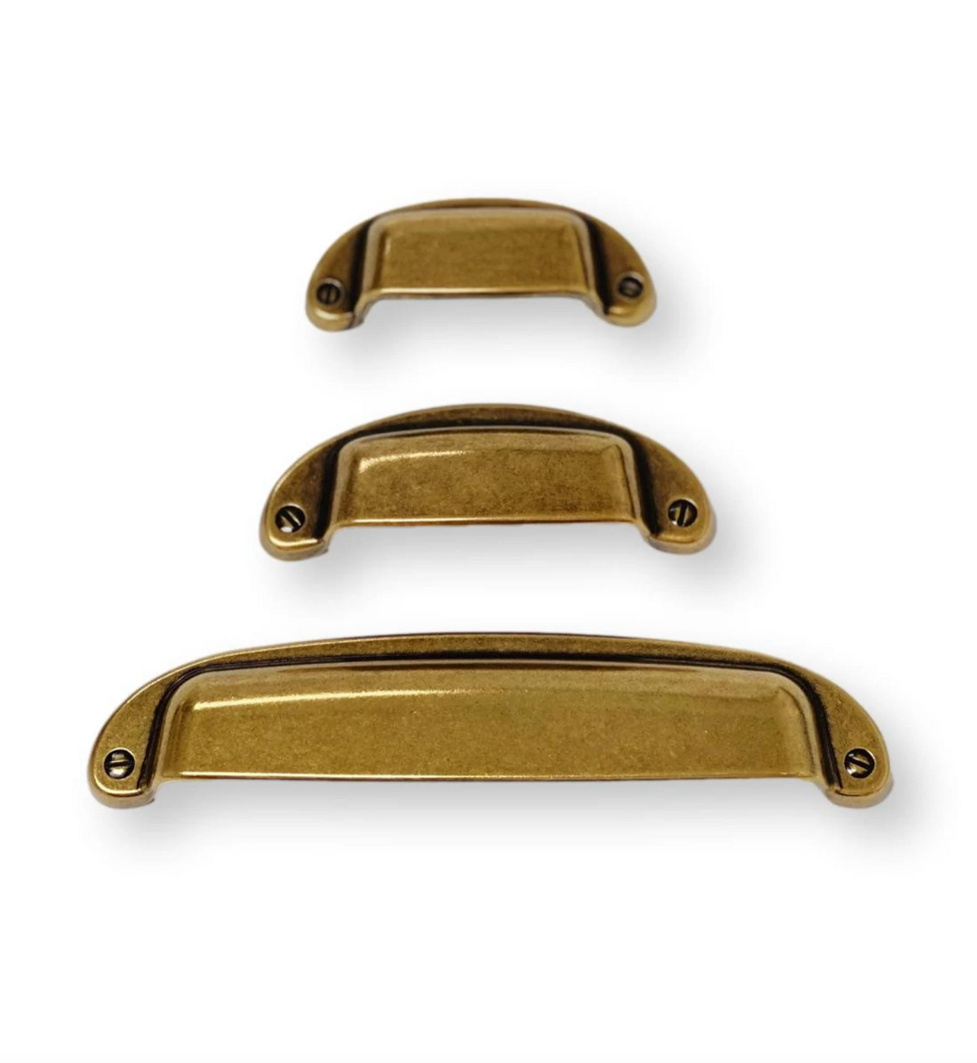 Drawer Cup Pull "Capri" in Antique Brass - Brass Cabinet Hardware - Forge Hardware Studio