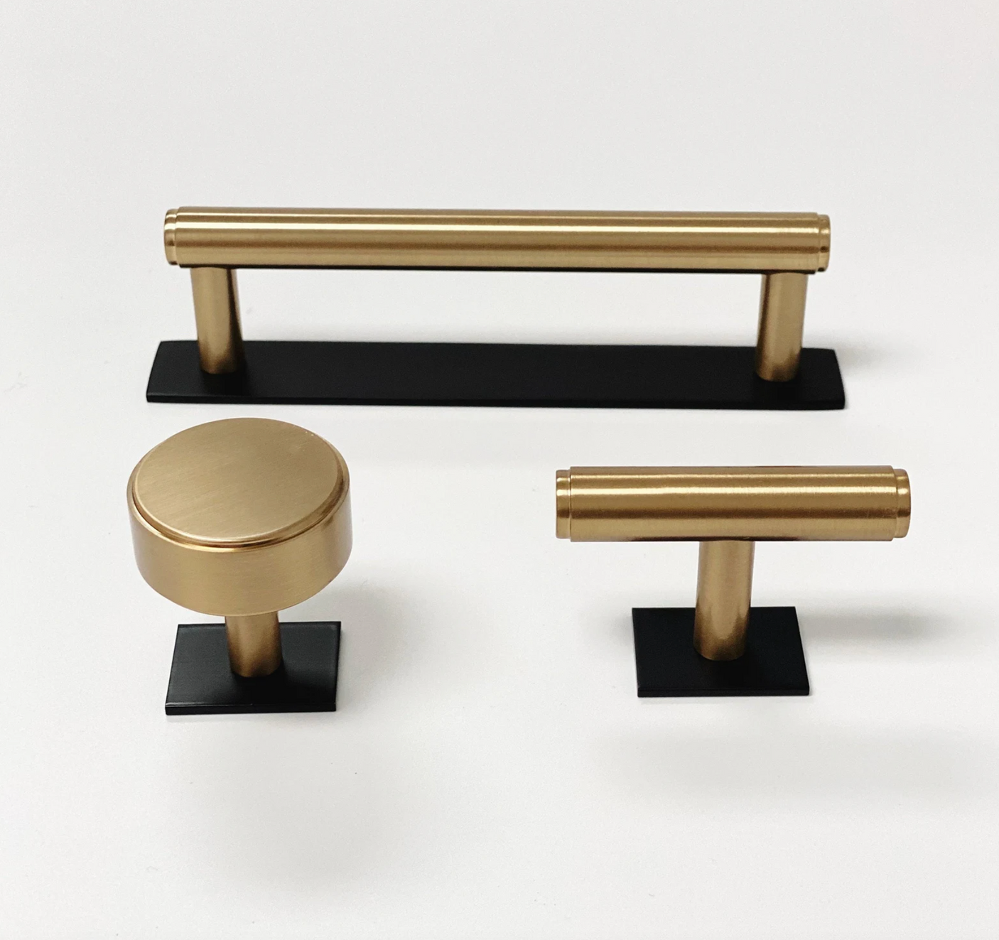 Dual Finish "Maison No. 2" Smooth Matte Black and Champagne Bronze Drawer Pulls and Cabinet Knobs with Backplate - Forge Hardware Studio