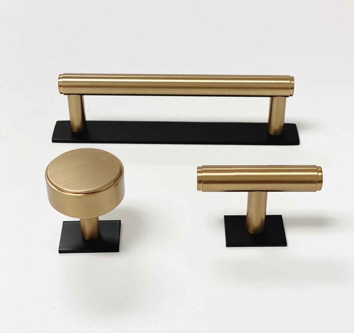 Dual Finish "Maison No. 2" Smooth Matte Black and Champagne Bronze Drawer Pulls and Cabinet Knobs with Backplate - Forge Hardware Studio