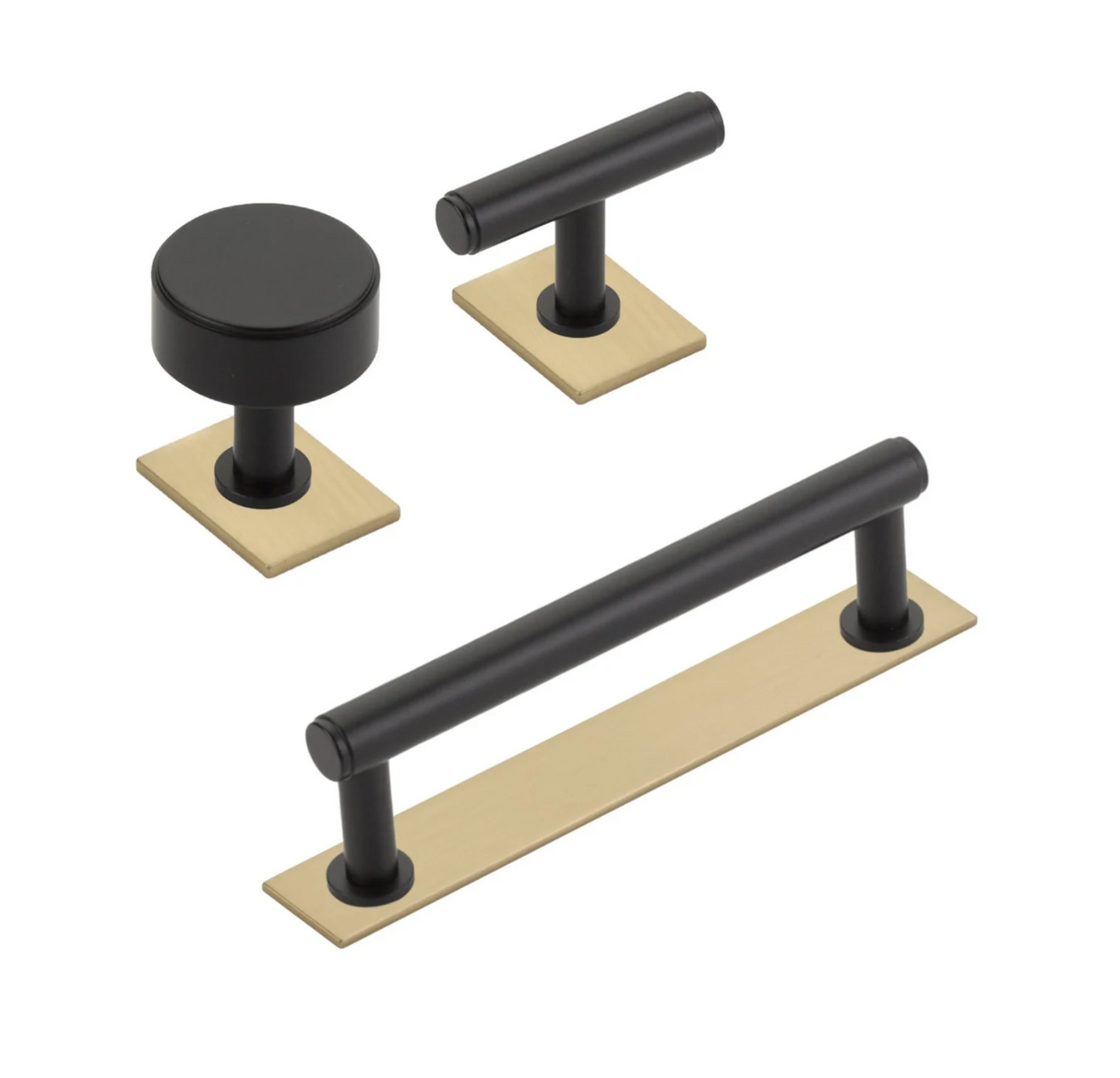 Dual Finish "Maison No. 2" Smooth Champagne Bronze and Matte Black Drawer Pulls and Cabinet Knobs with Backplate - Forge Hardware Studio