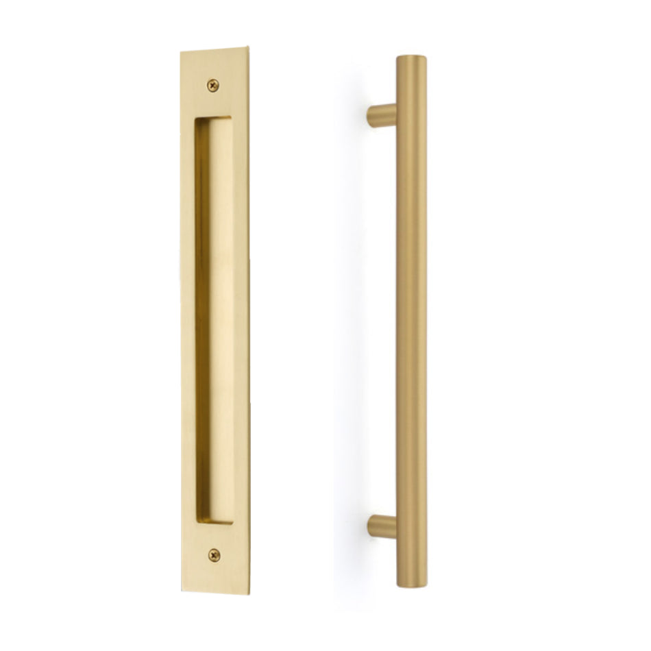 Door Flush Pull and 12" Handle Back to BackHardware for Interior Sliding and Barn Doors - Brass Cabinet Hardware