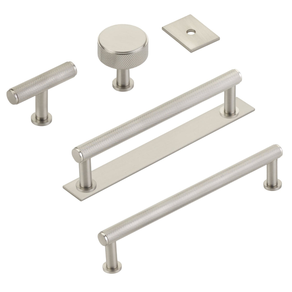 Brushed Nickel "Maison" Knurled Drawer Pulls and Cabinet Knobs with Optional Backplate - Forge Hardware Studio