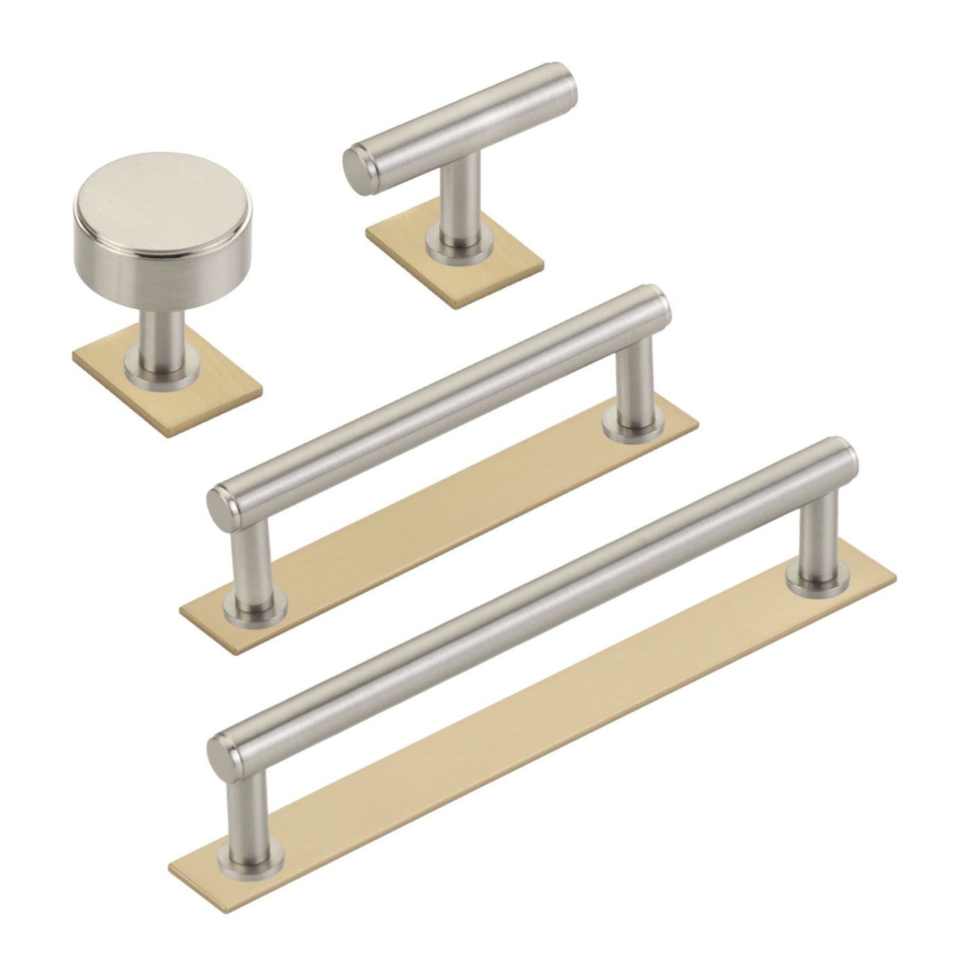Dual Finish "Maison No. 2" Smooth Champagne Bronze and Brushed Nickel Drawer Pulls and Cabinet Knobs with Backplate - Forge Hardware Studio