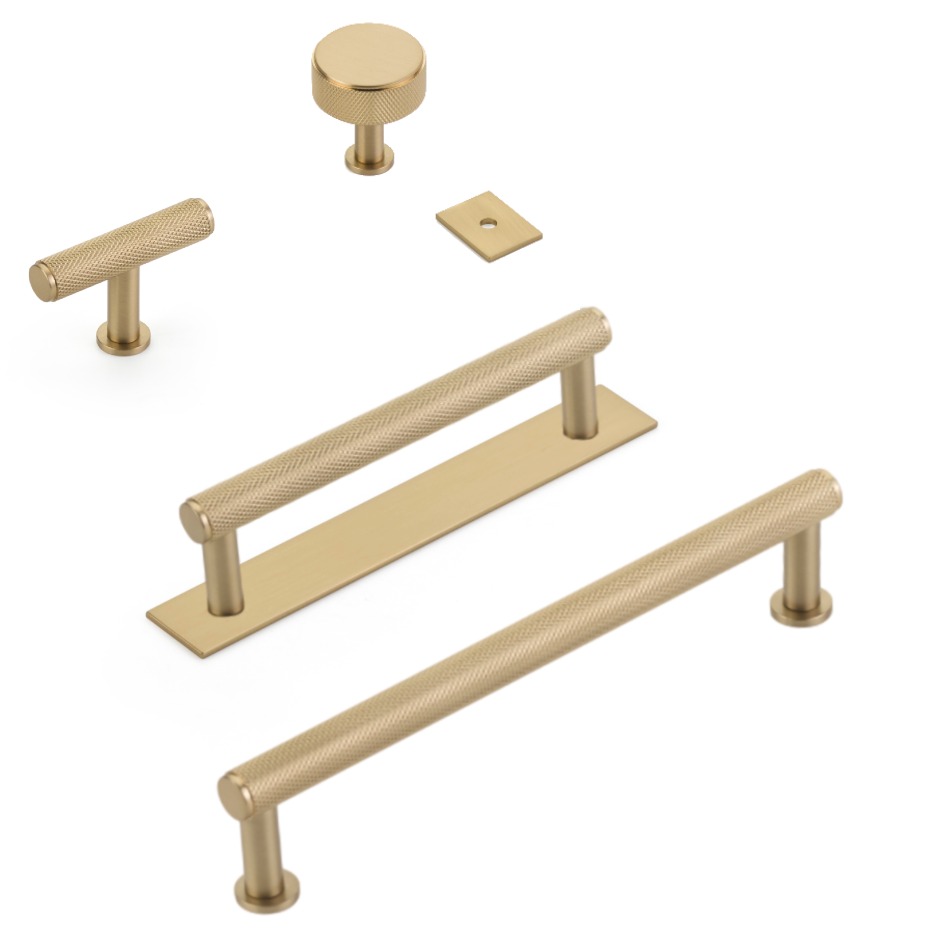 Satin Brass "Maison" Knurled Drawer Pulls and Cabinet Knobs with Optional Backplate - Forge Hardware Studio