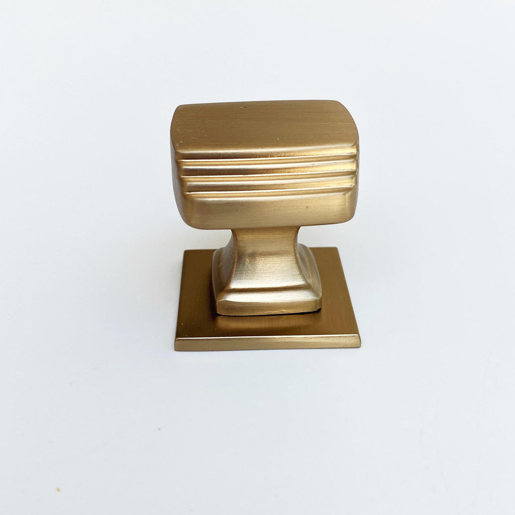 Satin Brass Square Art Deco Cabinet Knob w/ Backplate - Forge Hardware Studio