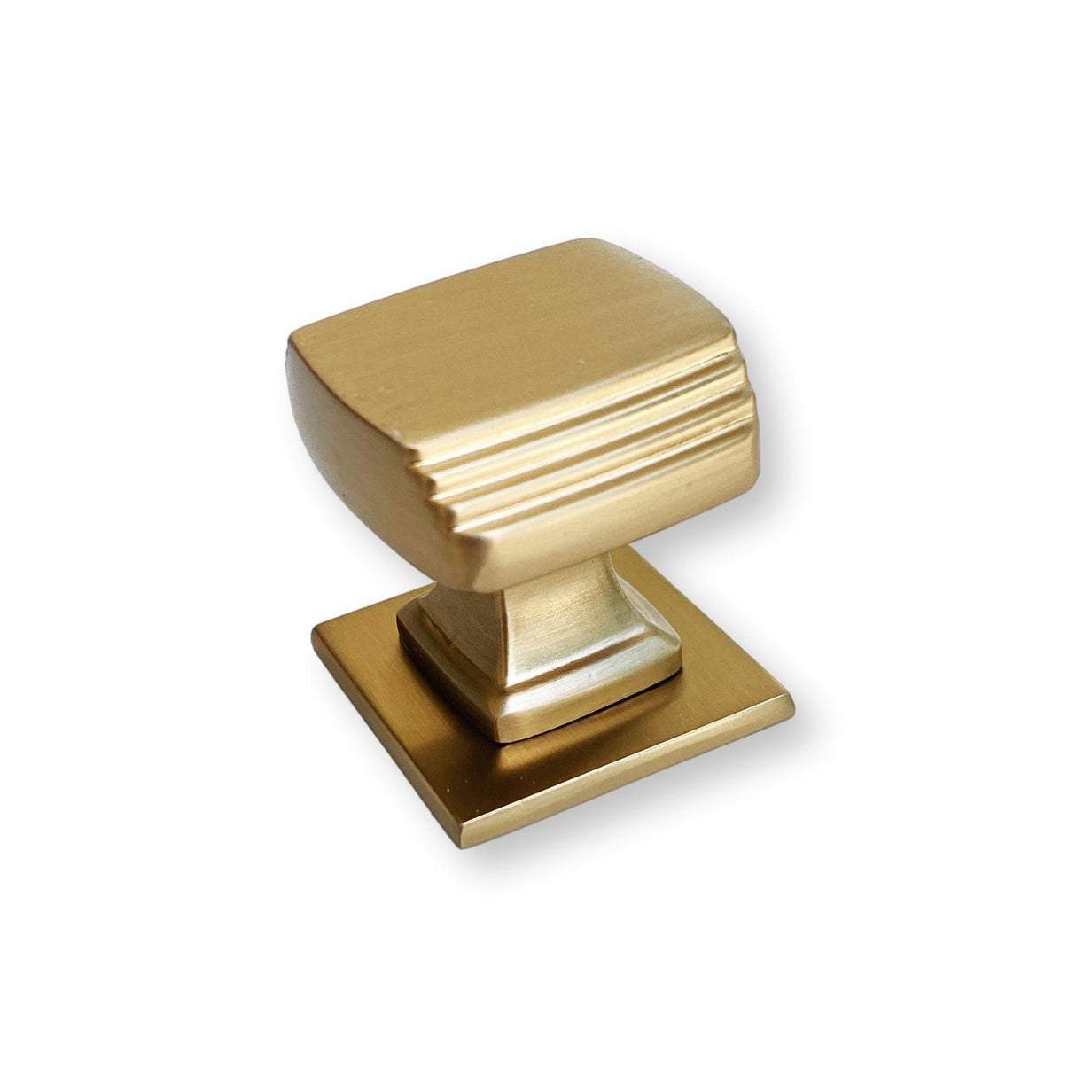 Satin Brass Square Art Deco Cabinet Knob w/ Backplate - Forge Hardware Studio