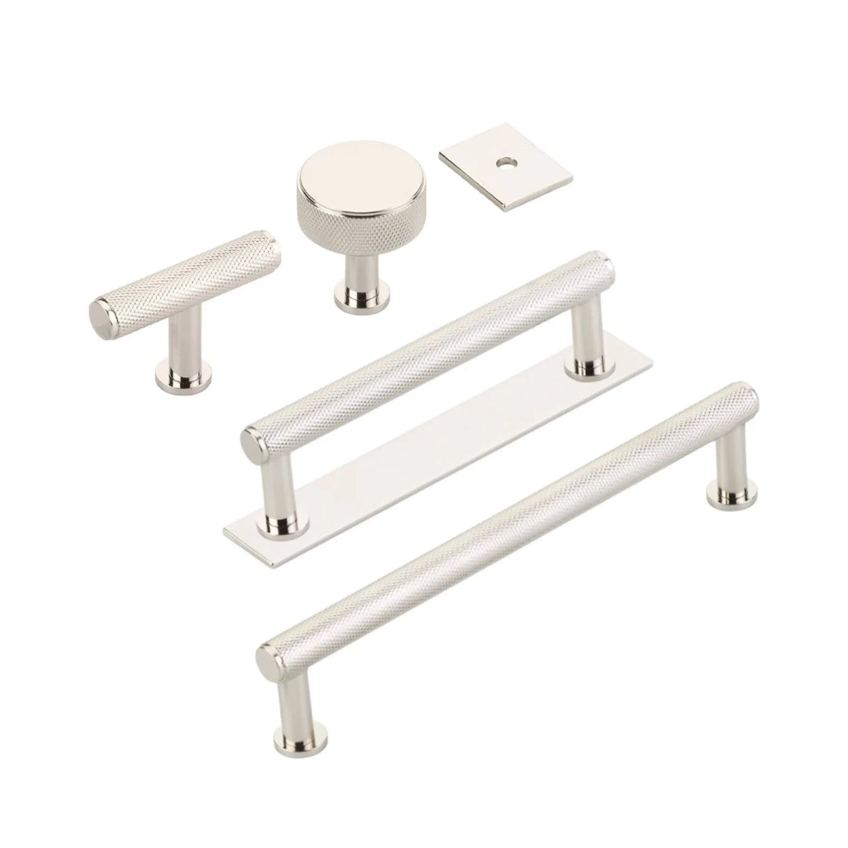 Polished Nickel "Maison" Knurled Drawer Pulls and Cabinet Knobs with Optional Backplate - Forge Hardware Studio