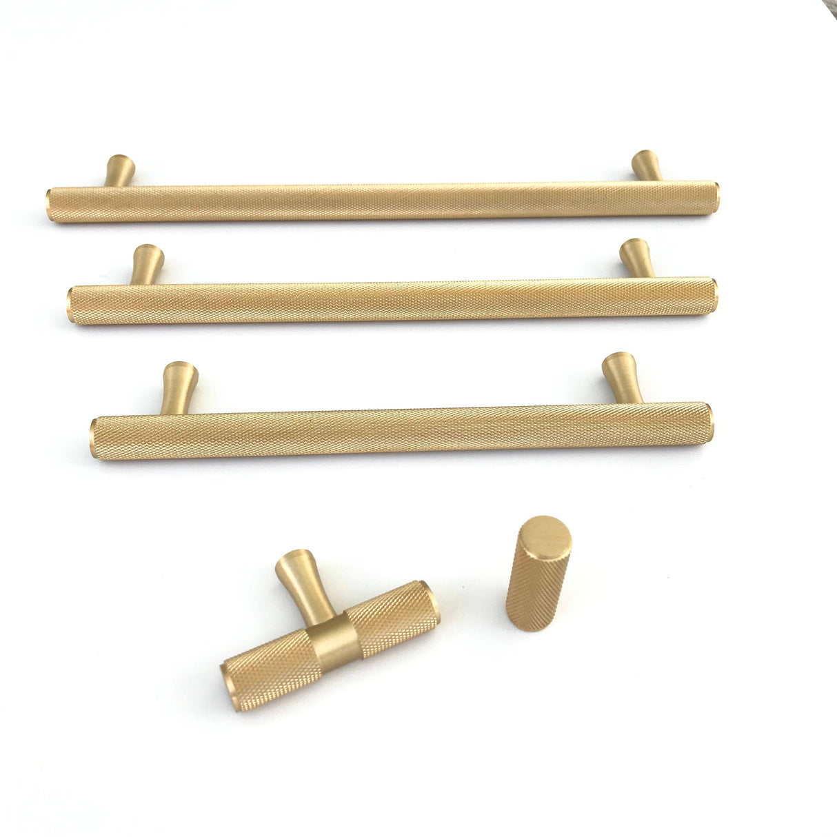 Brass Solid "Texture" Knurled Drawer Pulls and Knobs in Satin Brass - Brass Cabinet Hardware