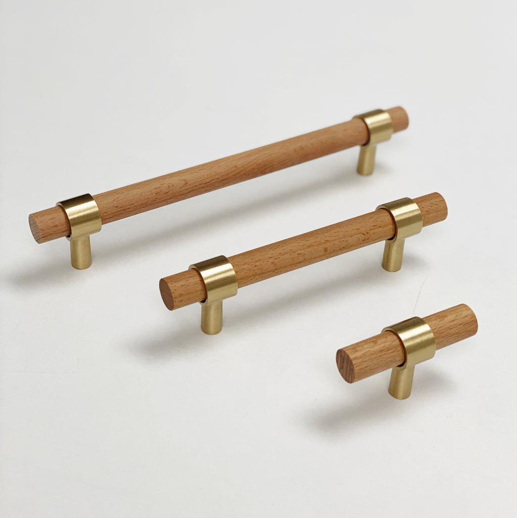 Wood and Satin Brass "Lulu" Drawer Pulls and Cabinet Knobs - Forge Hardware Studio