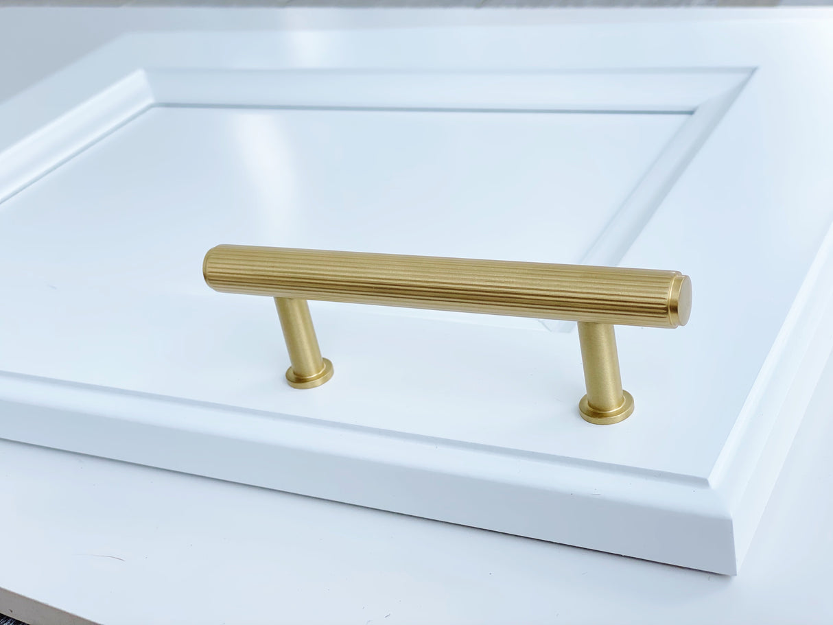 Brass Solid "Texture Lines" Knurled Drawer Pulls and Knobs in Satin Brass - Forge Hardware Studio