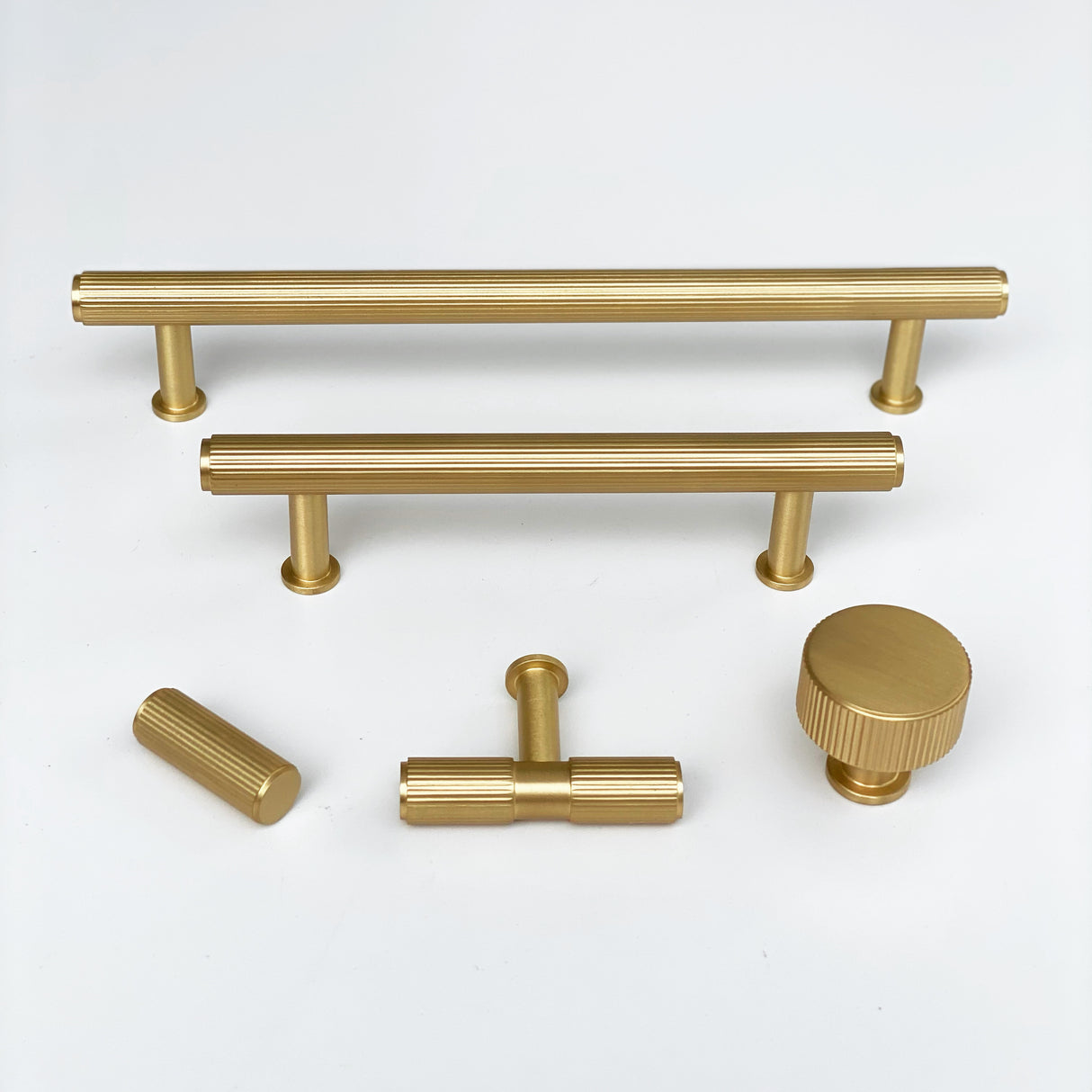 Brass Solid "Texture Lines" Knurled Drawer Pulls and Knobs in Satin Brass - Forge Hardware Studio