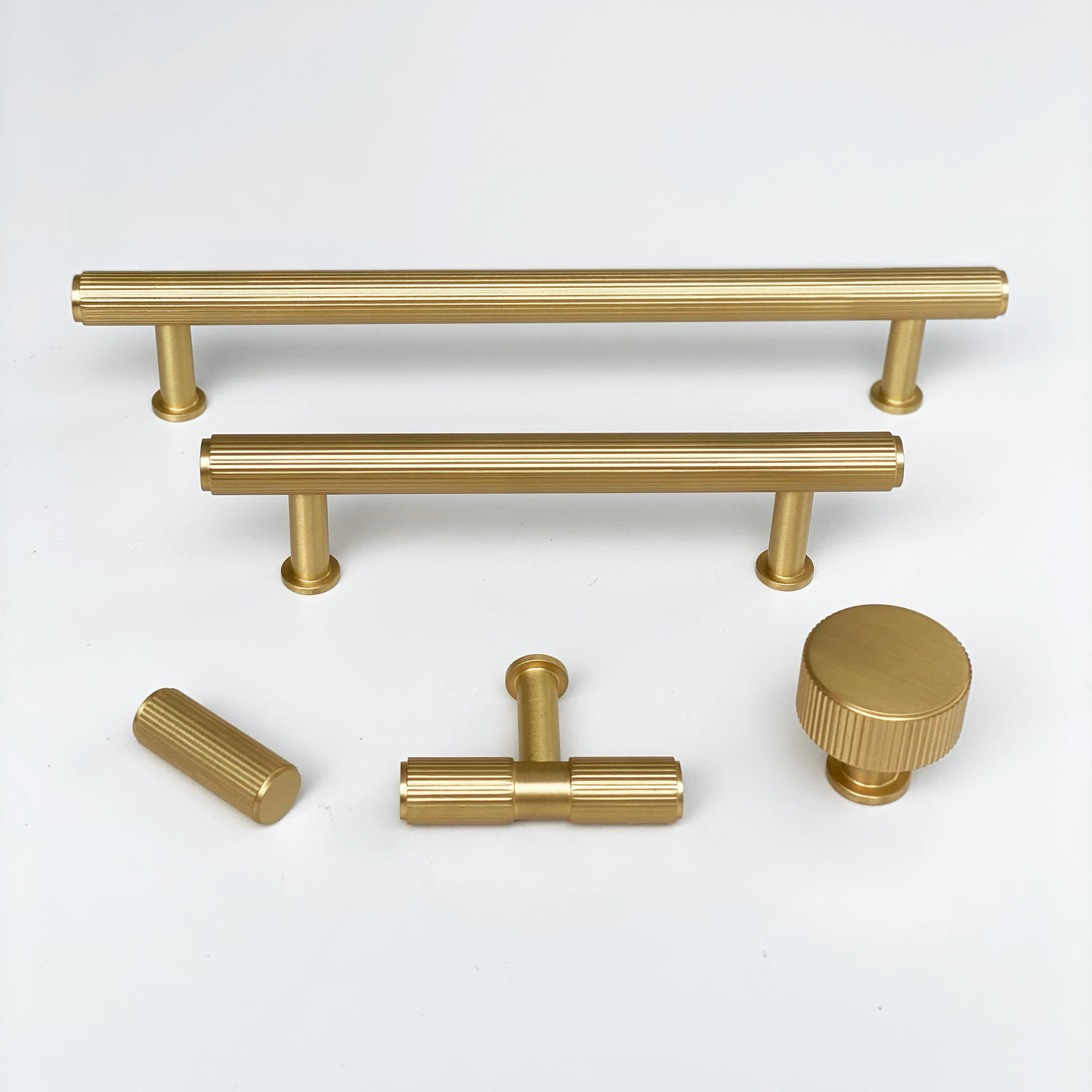 Brass Solid "Texture Lines" Knurled Drawer Pulls and Knobs in Satin Brass - Forge Hardware Studio