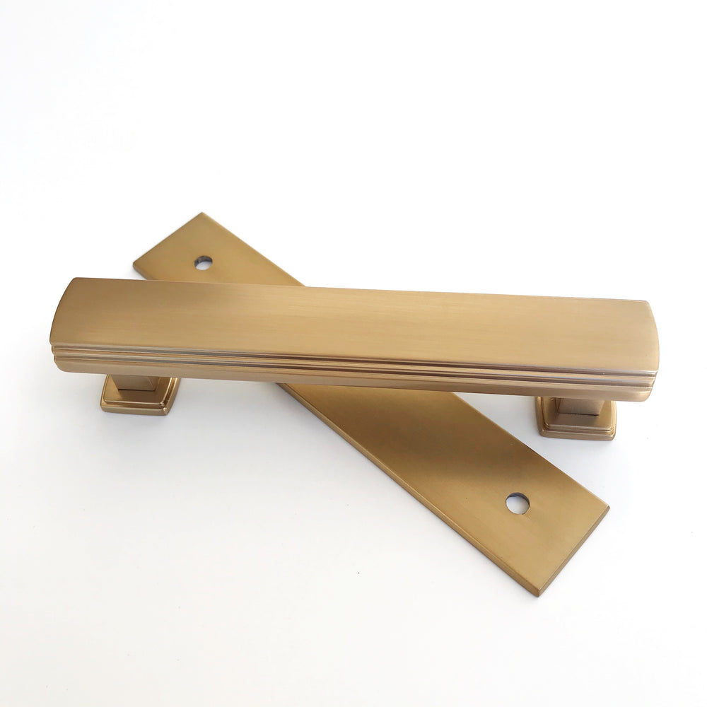 Satin Brass Square 4" Art Deco Drawer Pull w/ Backplate - Brass Cabinet Hardware