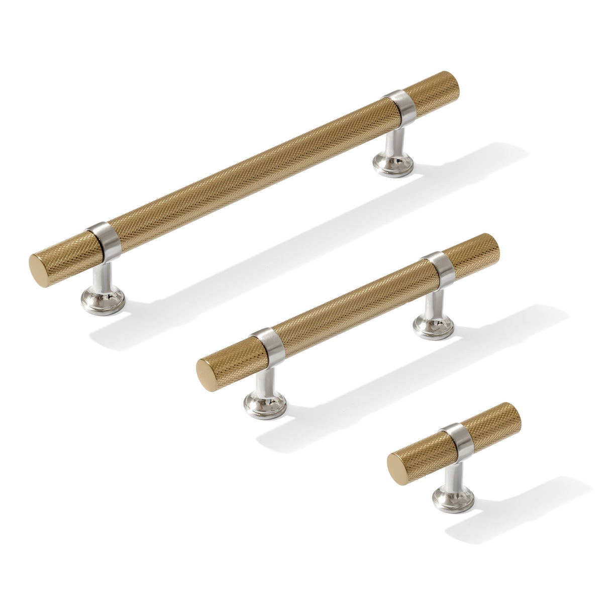 Knurled T-Bar "Contemporary" Satin Nickel and Champagne Bronze Knobs and Pulls