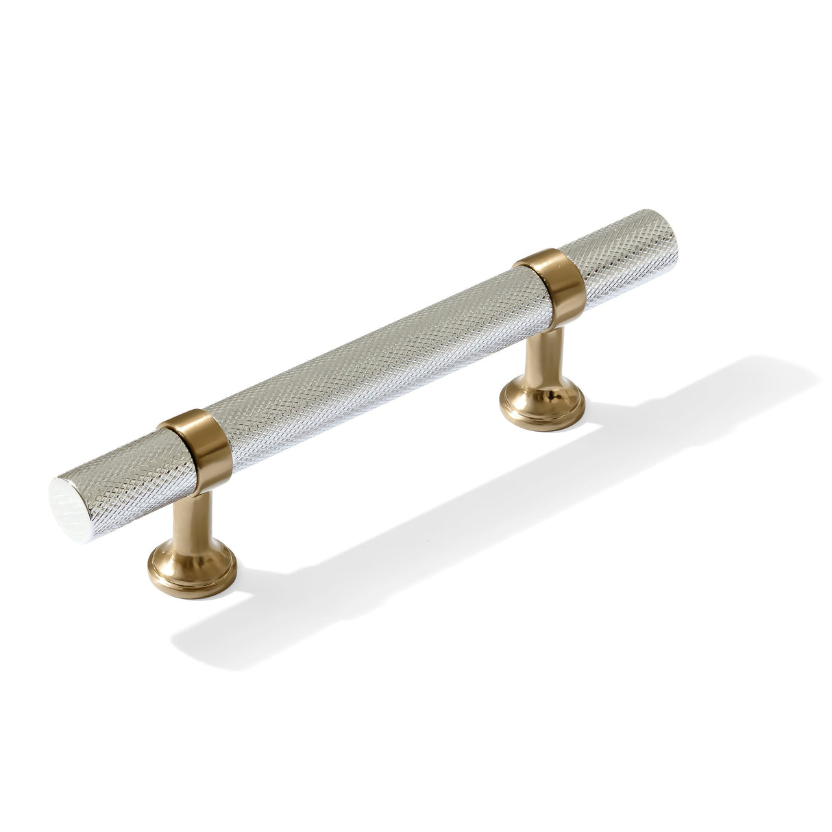 Knurled T-Bar "Contemporary" Champagne Bronze and Polished Chrome Knobs and Pulls
