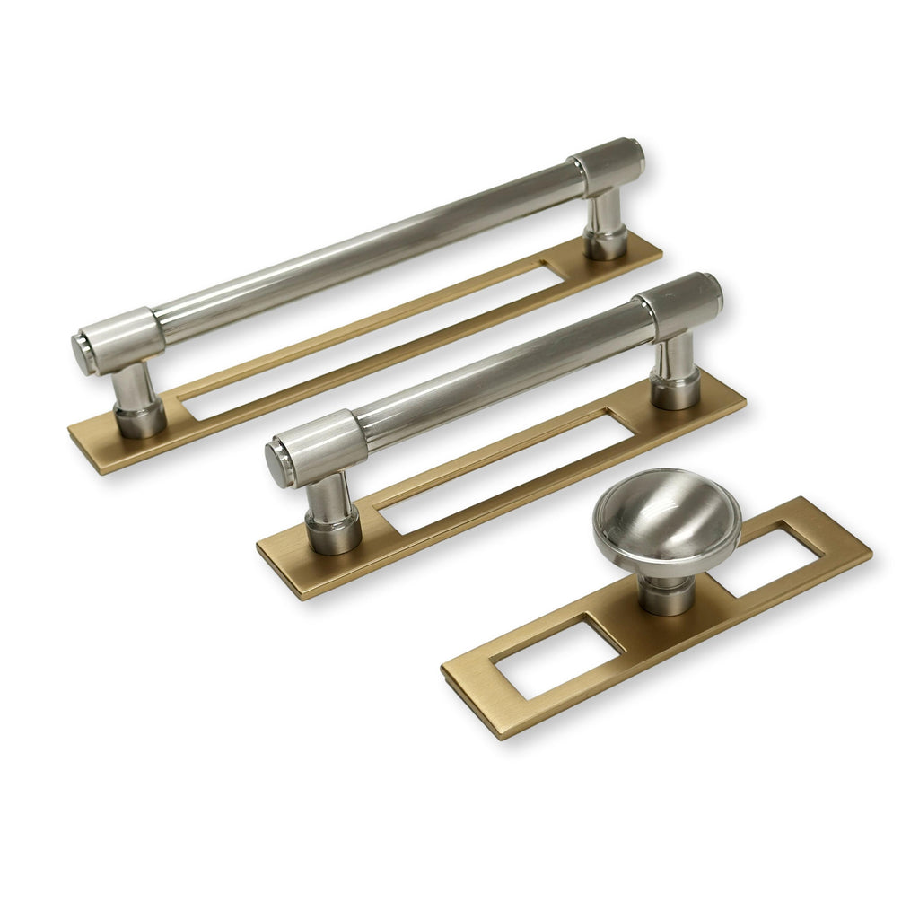 Champagne Bronze and Satin Nickel Industrial Modern Pulls and Knob with Backplate - Forge Hardware Studio