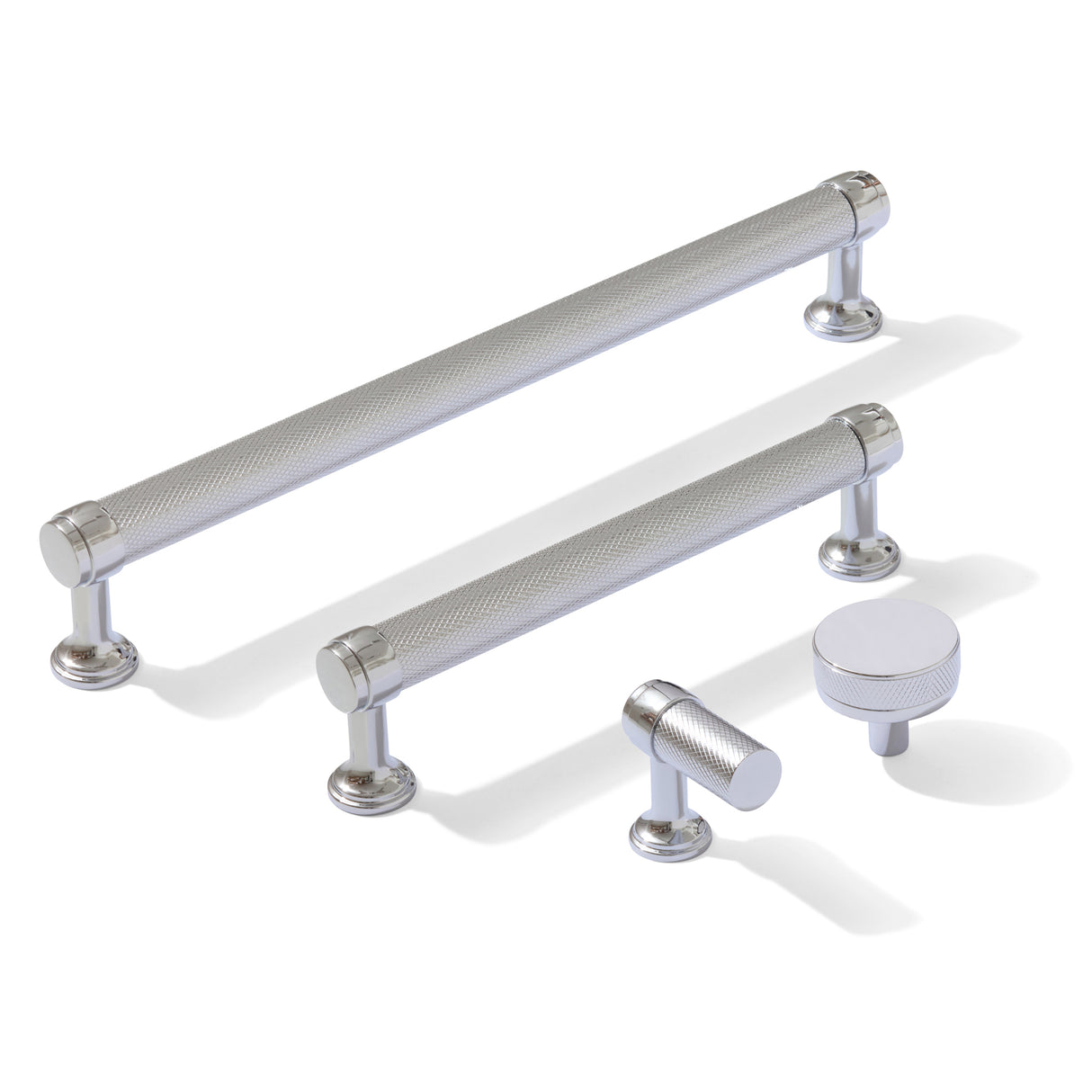 Knurled Polished Chrome "Transitional" Cabinet Knobs and Drawer Pulls
