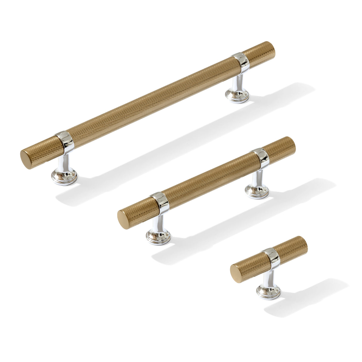 Knurled T-Bar "Contemporary" Polished Chrome and Champagne Bronze Knobs and Pulls