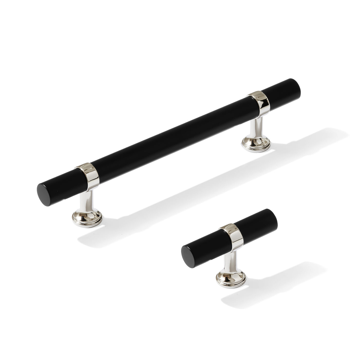 Smooth T-Bar "Contemporary" Polished Nickel and Matte Black Knobs and Pulls