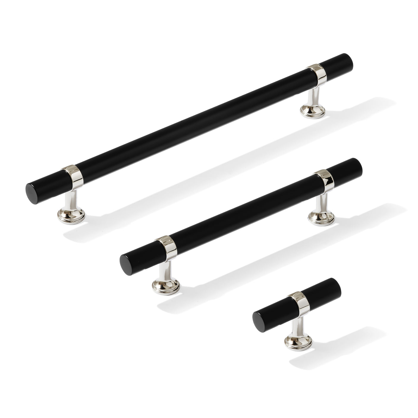 Smooth T-Bar "Contemporary" Polished Nickel and Matte Black Knobs and Pulls