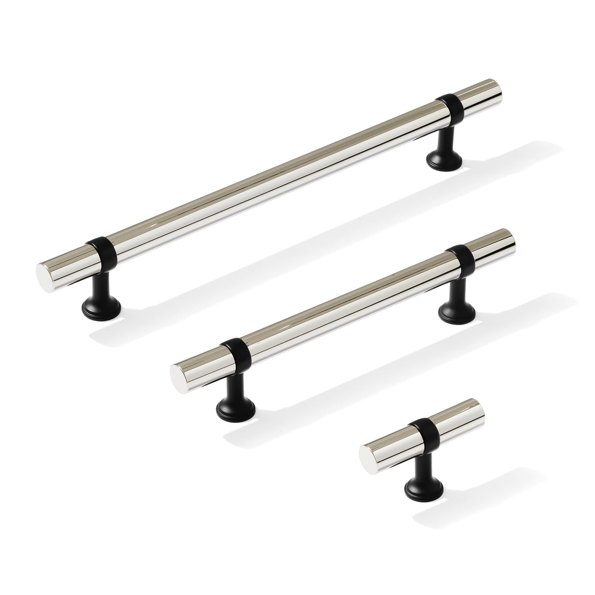 Smooth T-Bar "Contemporary" Matte Black and Polished Nickel Knobs and Pulls