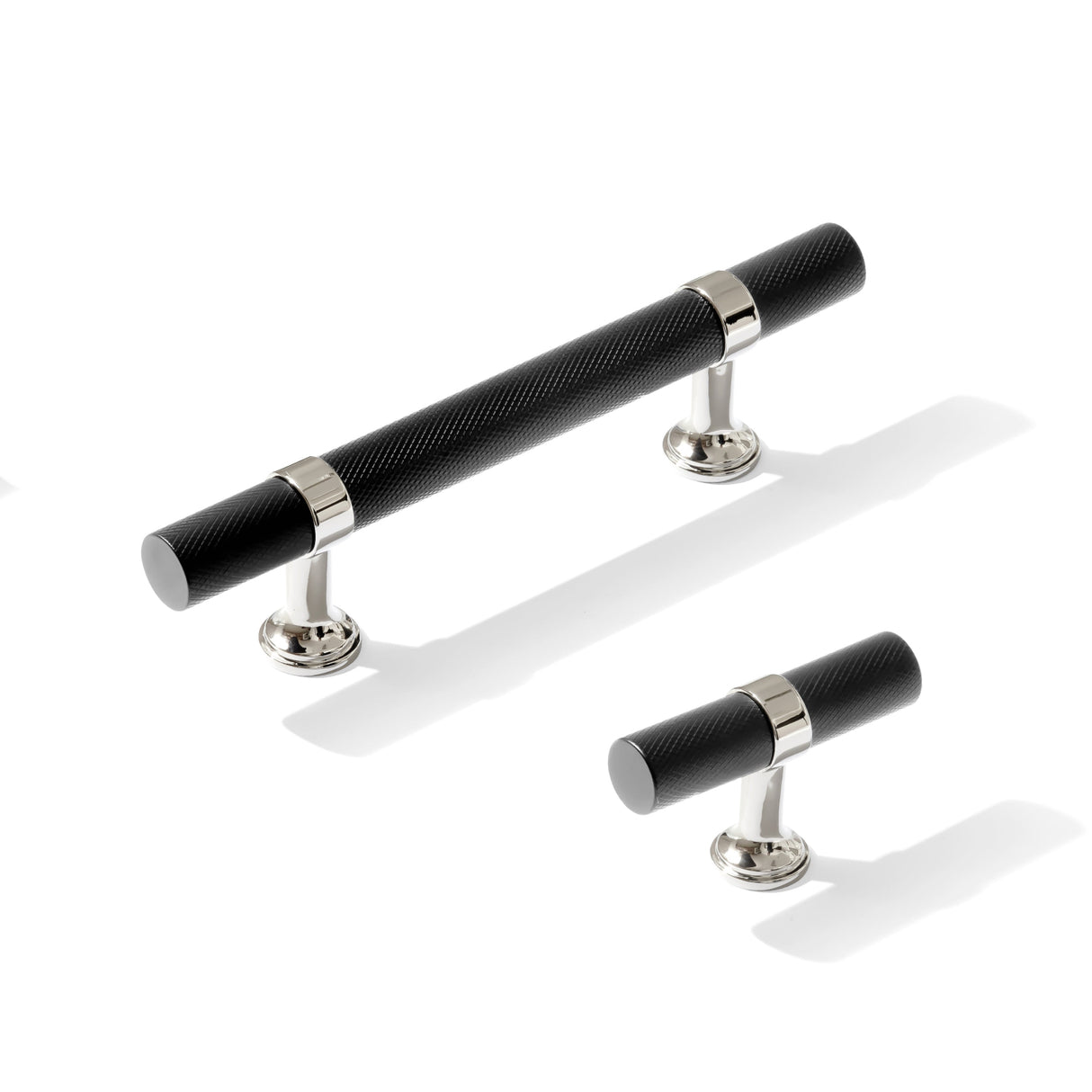 Knurled T-Bar "Contemporary" Polished Nickel and Matte Black Knobs and Pulls
