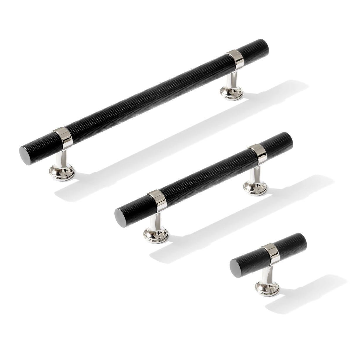 Knurled T-Bar "Contemporary" Polished Nickel and Matte Black Knobs and Pulls