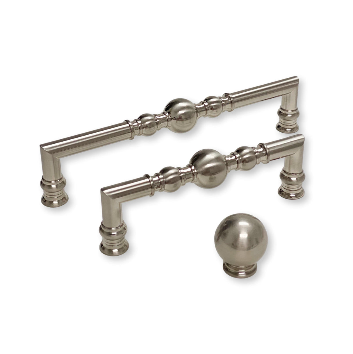 Brushed Nickel “Kira” Cabinet Ball Knob and Drawer Pulls - Forge Hardware Studio
