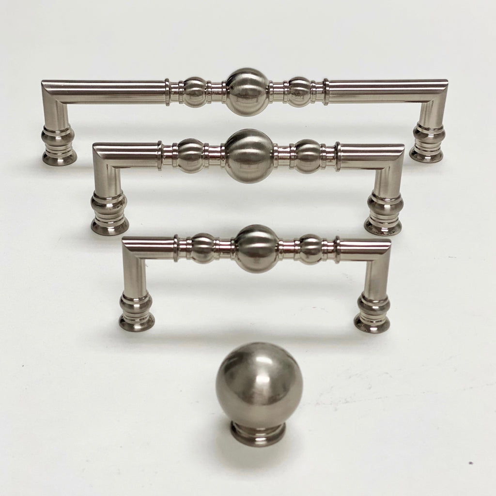 Brushed Nickel “Kira” Cabinet Ball Knob and Drawer Pulls - Forge Hardware Studio
