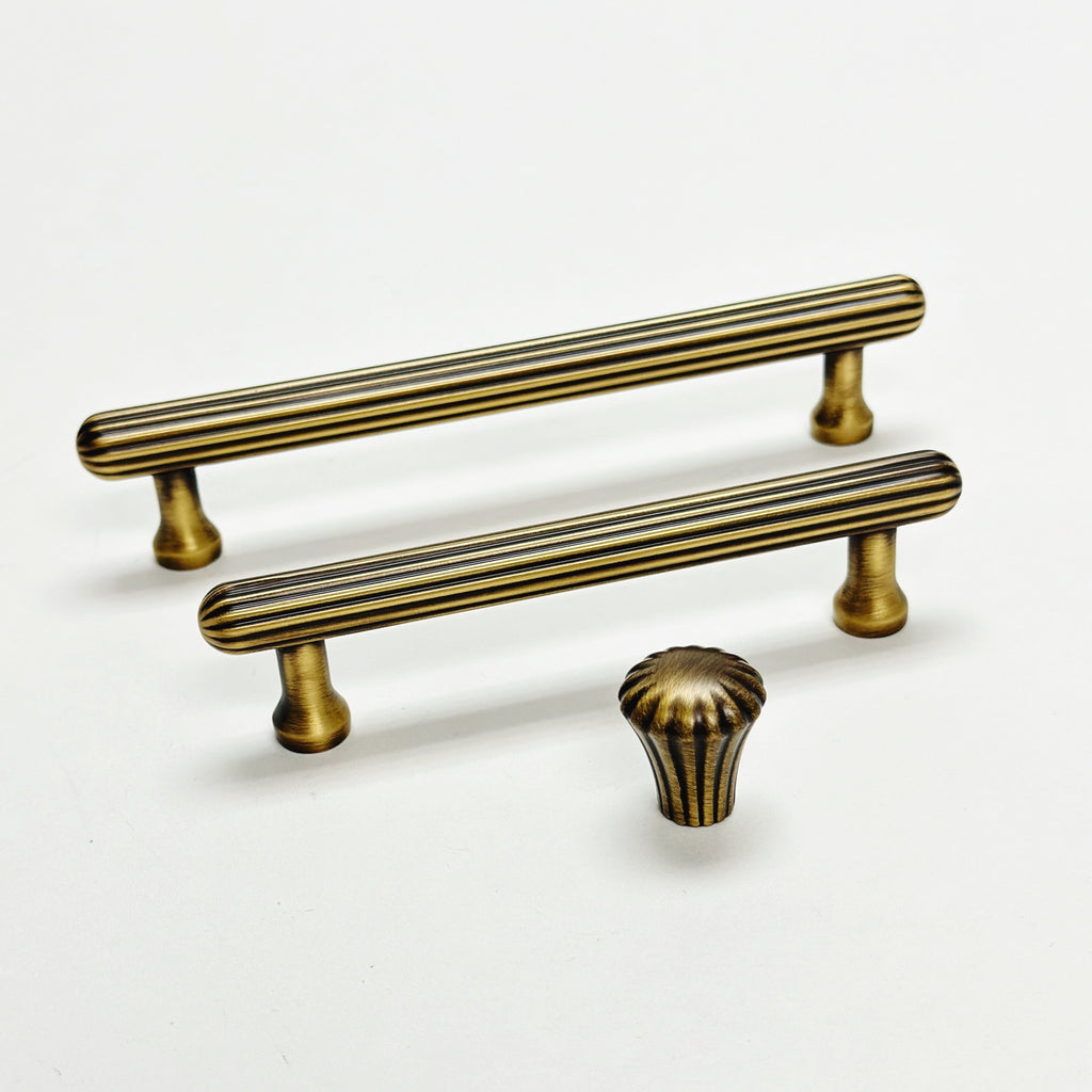 Fluted Antique Brass "Jewel" Ridge Cabinet Knobs and Pulls - Forge Hardware Studio