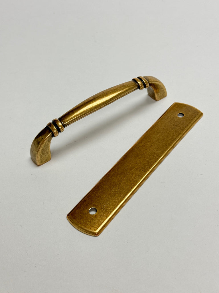 Backplate Antique Brass "Portofino" Drawer Pull and Knob - Forge Hardware Studio