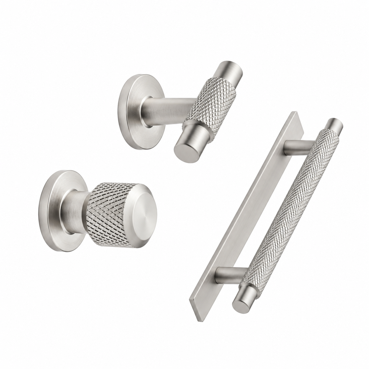 Knurled Backplate Brushed Stainless "Manor" Knobs and Drawer Pulls