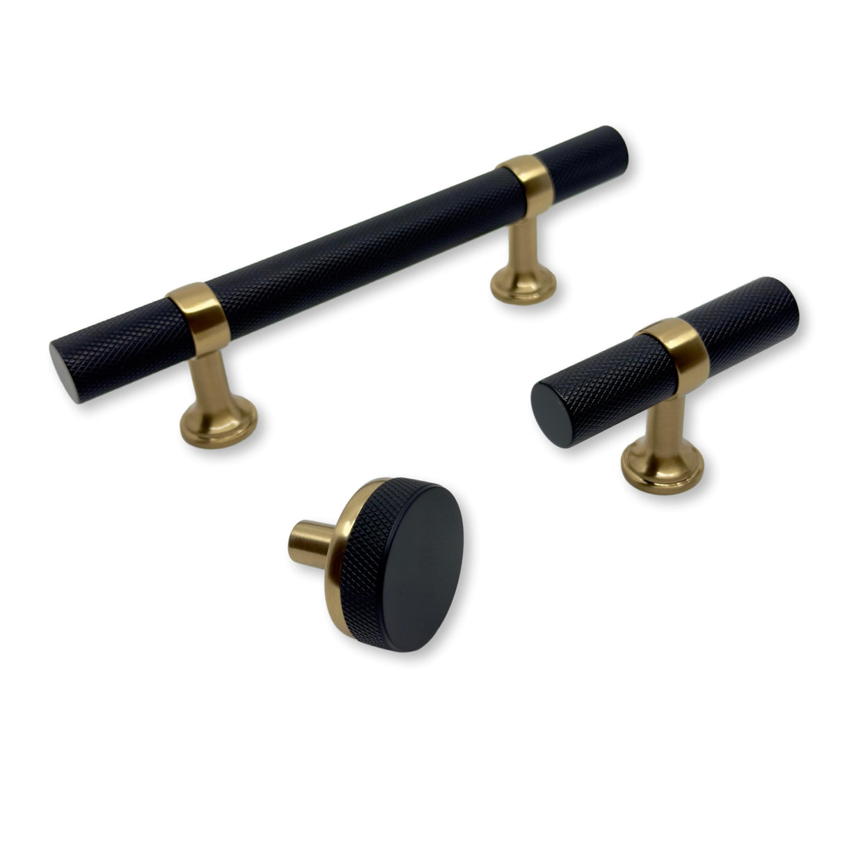 Knurled T-Bar "Transitional" Matte Black and Champagne Bronze Knobs and Pulls