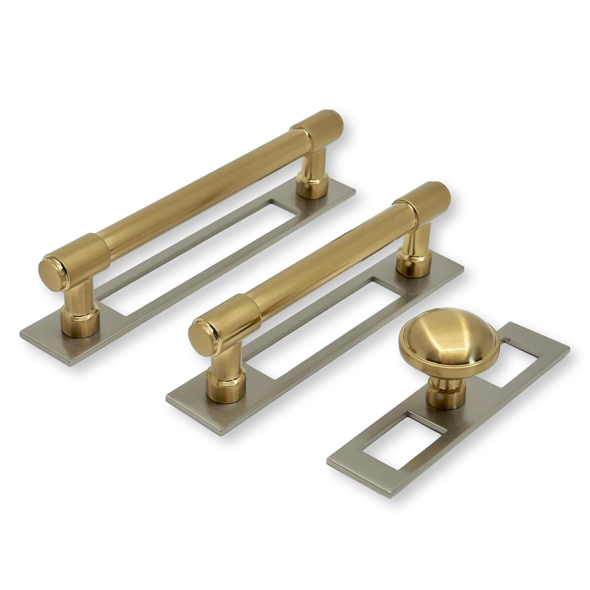 Champagne Bronze and Satin Nickel Industrial Pulls and Knob with Backplate