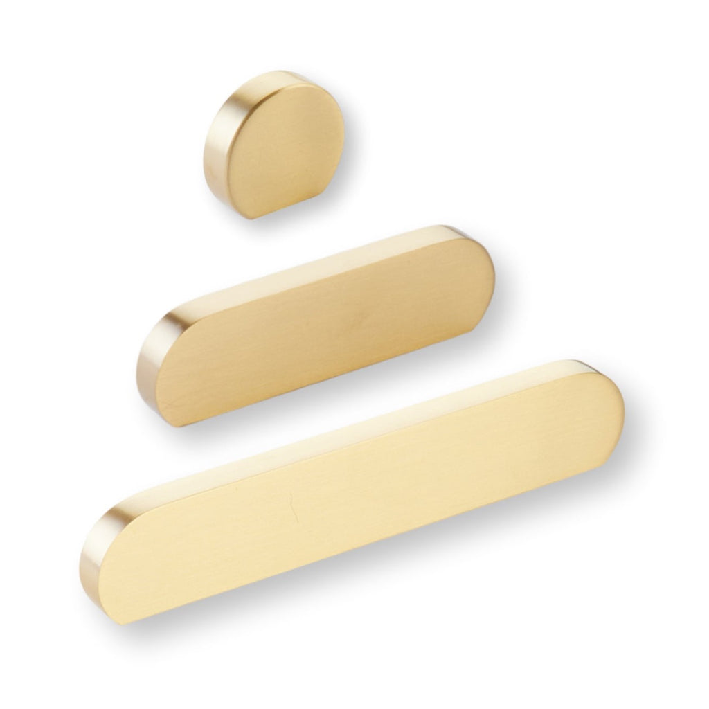 Satin Brass "Bit" Rounded Drawer Pulls and Cabinet Knobs - Forge Hardware Studio