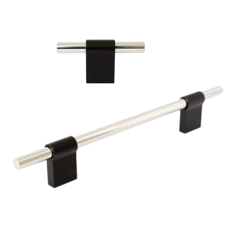 T-Bar "Line" Polished Nickel and Black Cabinet Knob and Drawer Pull