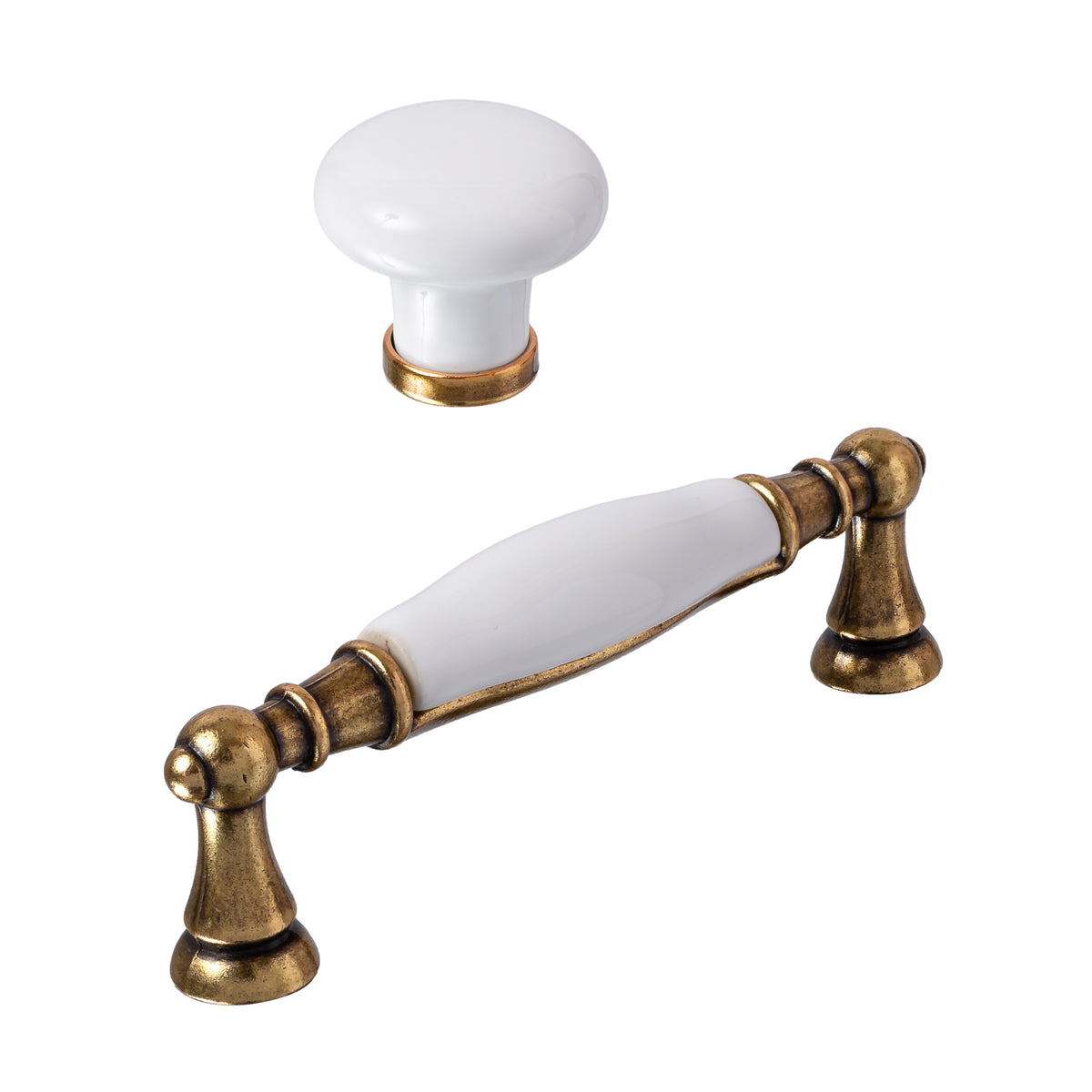 Antique Brass White "Ferrara" Transitional Cabinet Knob and Drawer Pull