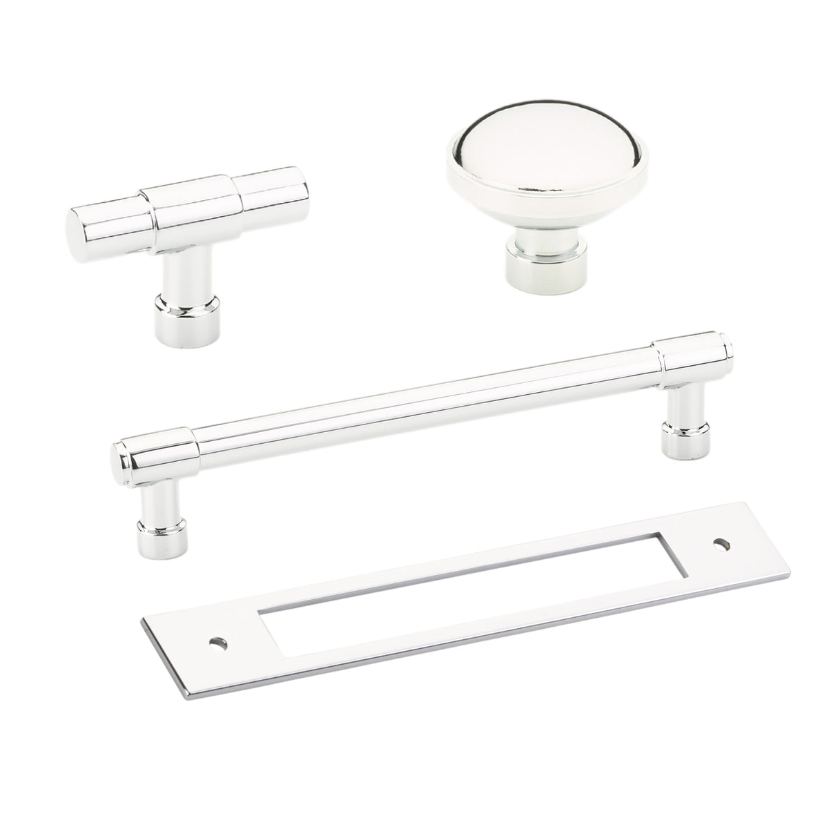 Polished Chrome Industrial Modern Pulls and Knob with Backplate - Forge Hardware Studio