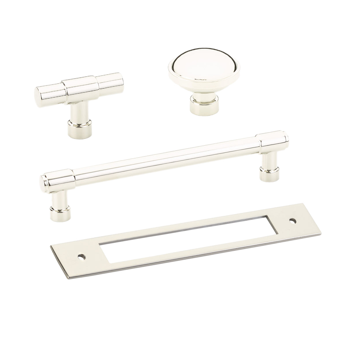 Polished Nickel Industrial Modern Pulls and Knob with Backplate