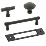 Set of black cabinet handles and a rectangular plate on a white background