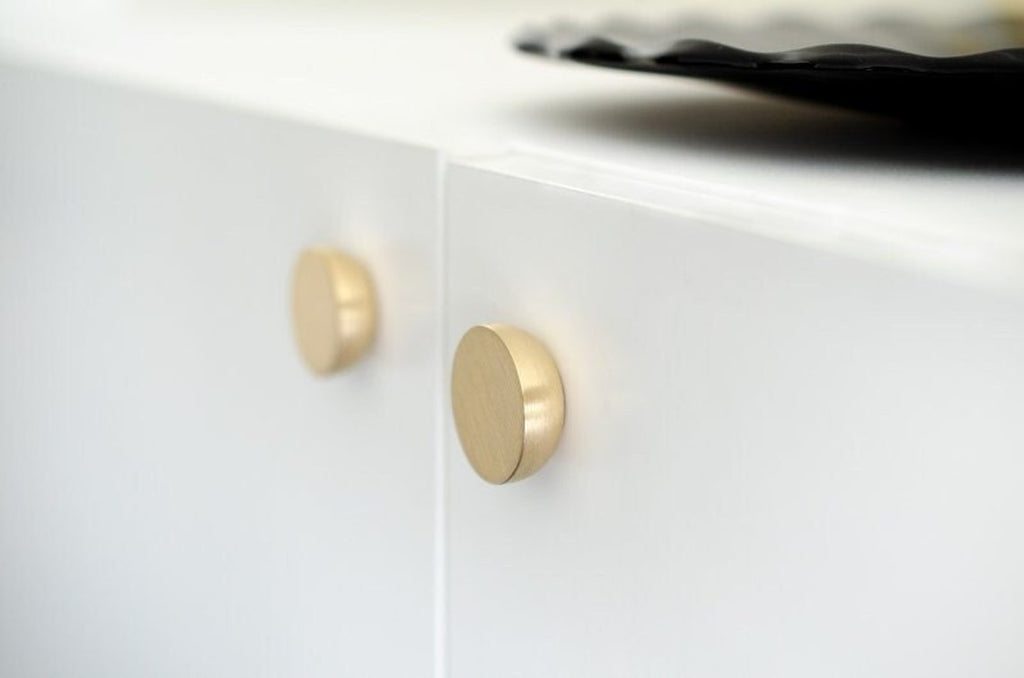 Unlacquered Brushed Brass "Bowl" Modern Round Cabinet Knob - Forge Hardware Studio