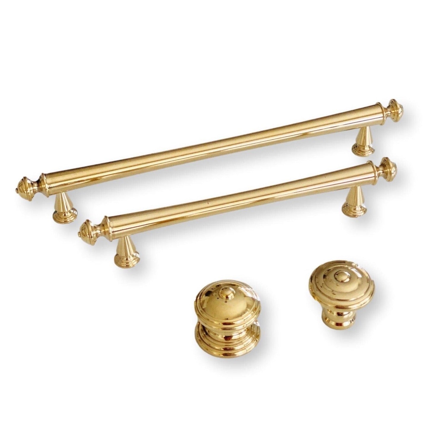 Unlacquered Brass Emmeline Cabinet Knobs and Drawer Pull