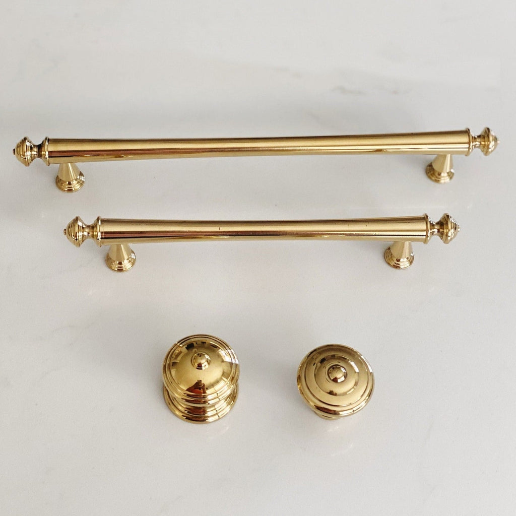 Unlacquered Brass "Emmeline" Cabinet Knobs and Drawer Pull - Forge Hardware Studio